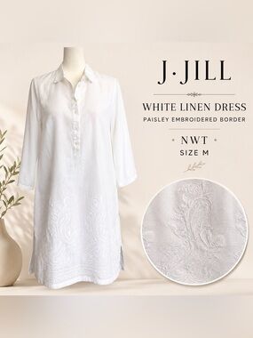J.Jill White Linen Embroidered Shift Dress M NWT Resort Vacation Tunic Coastal